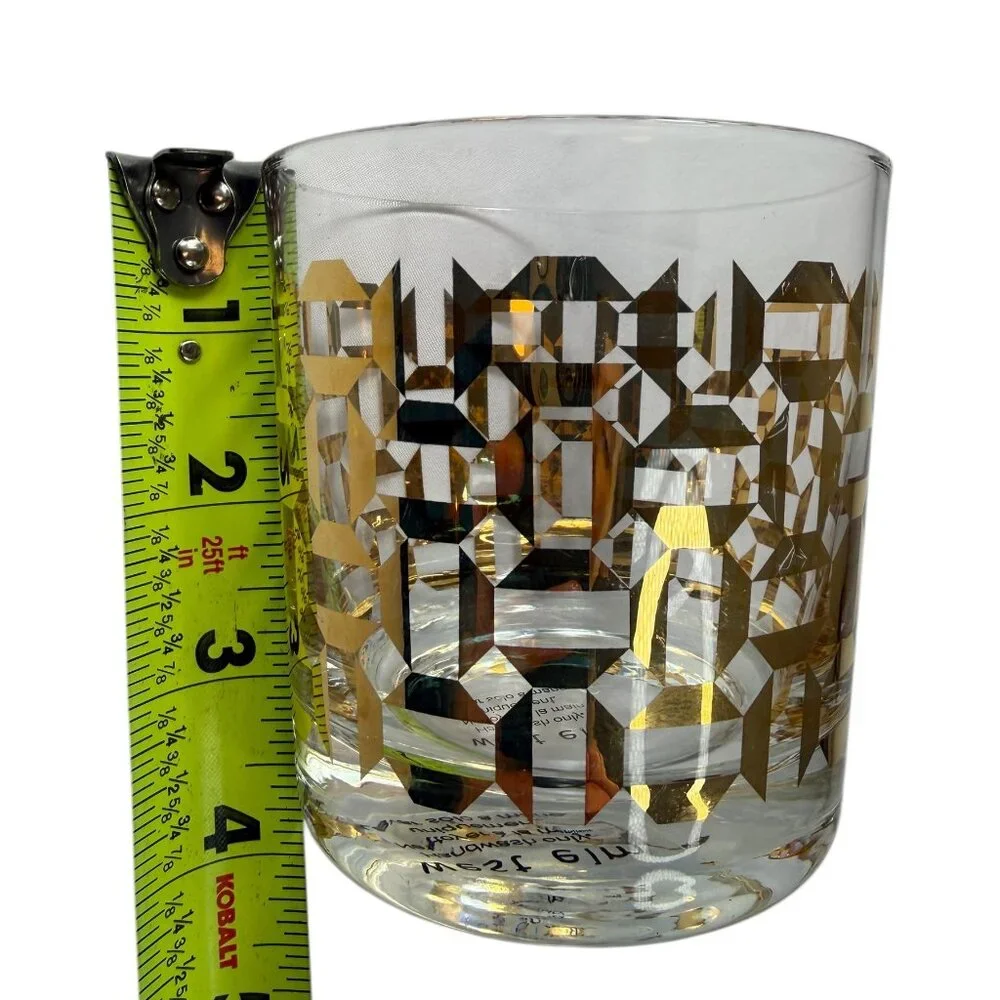WEST ELM Whiskey Glass Rocks Gold Geometric Pattern. Retro 1960s
